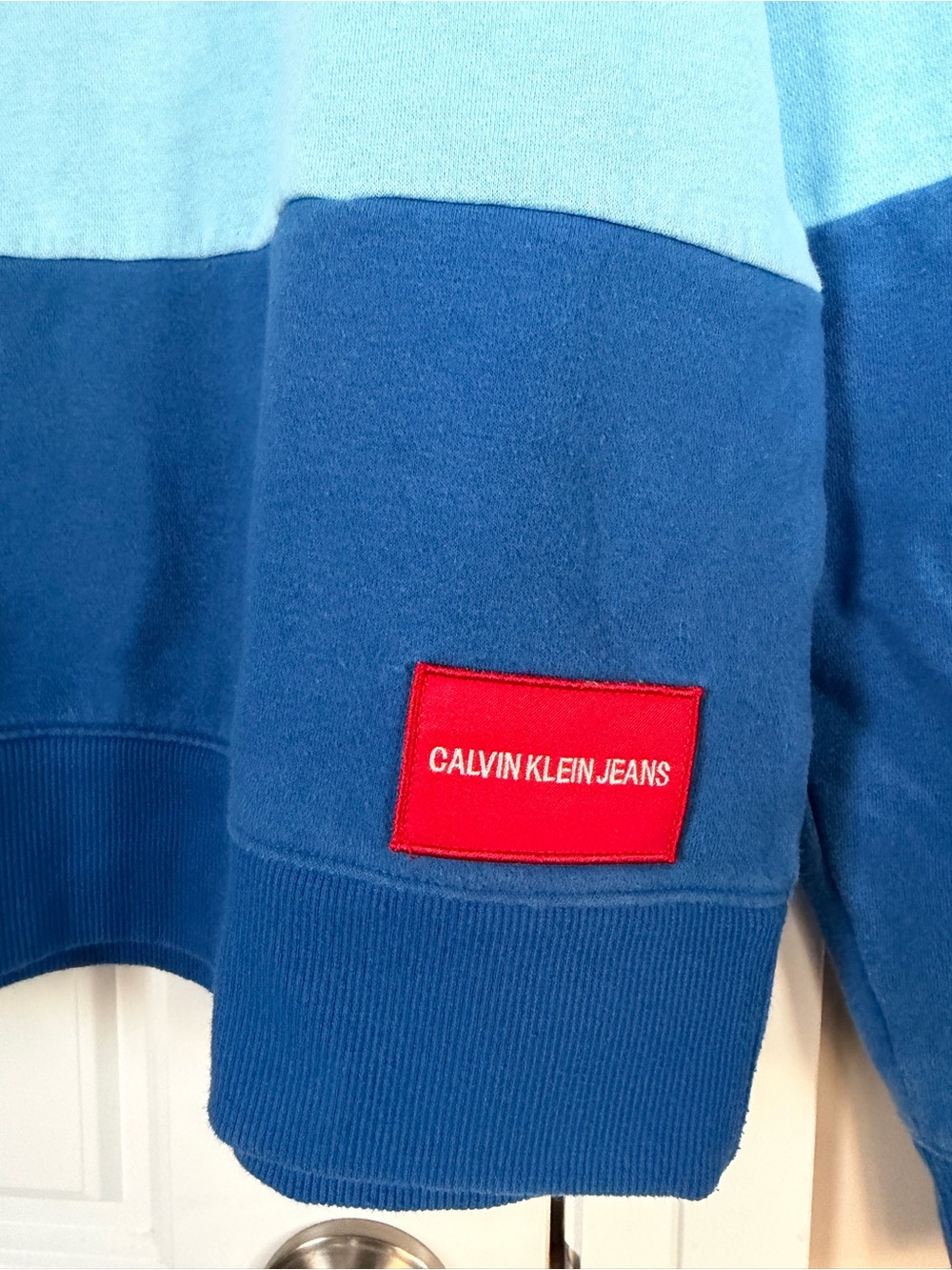 Calvin Klein Jeans White, Light Blue & Royal Blue Colorblock Crew Sweatshirt - Picture 2 of 4
